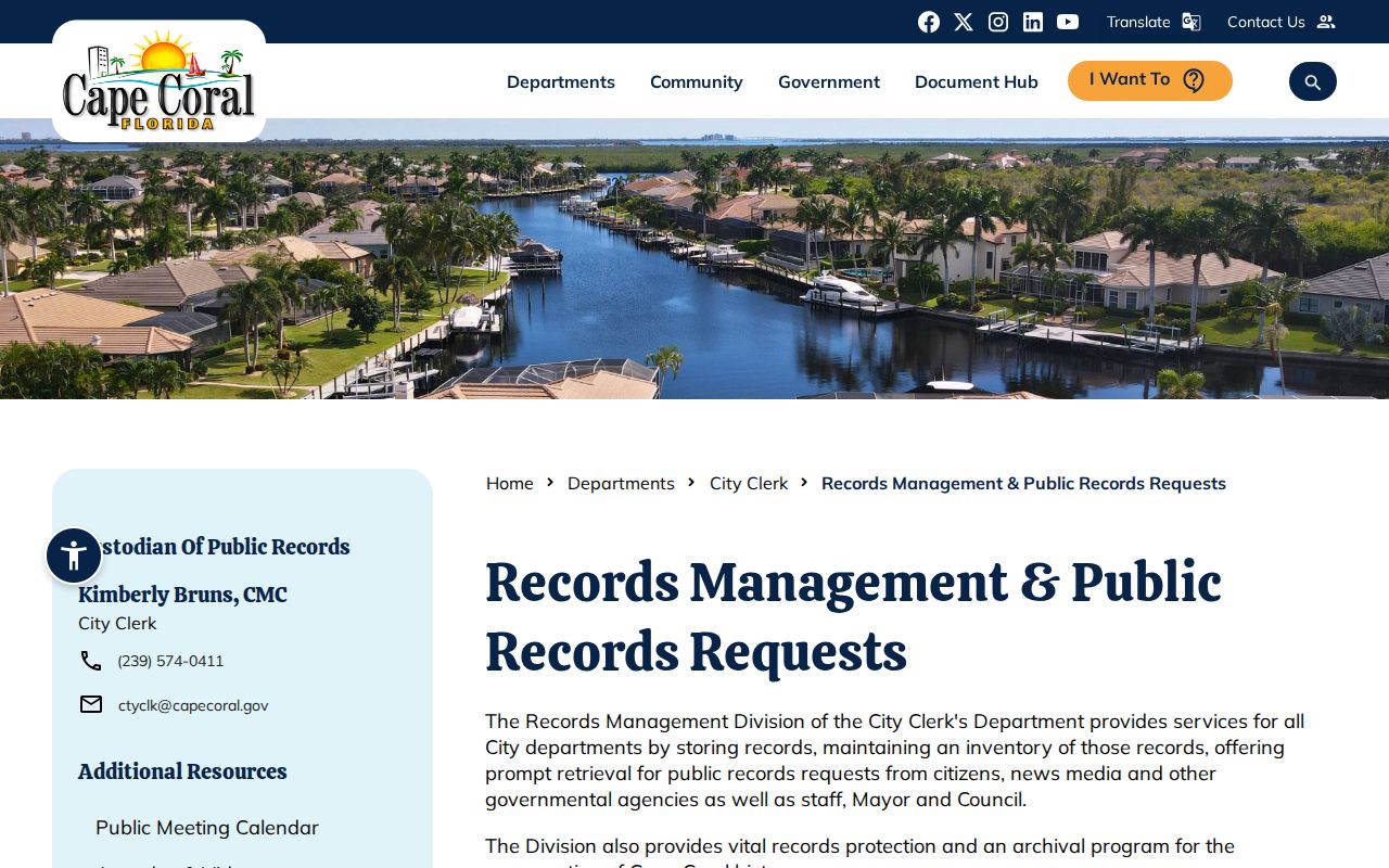 Cape Coral Records Management public request page for permits plans and municipal files