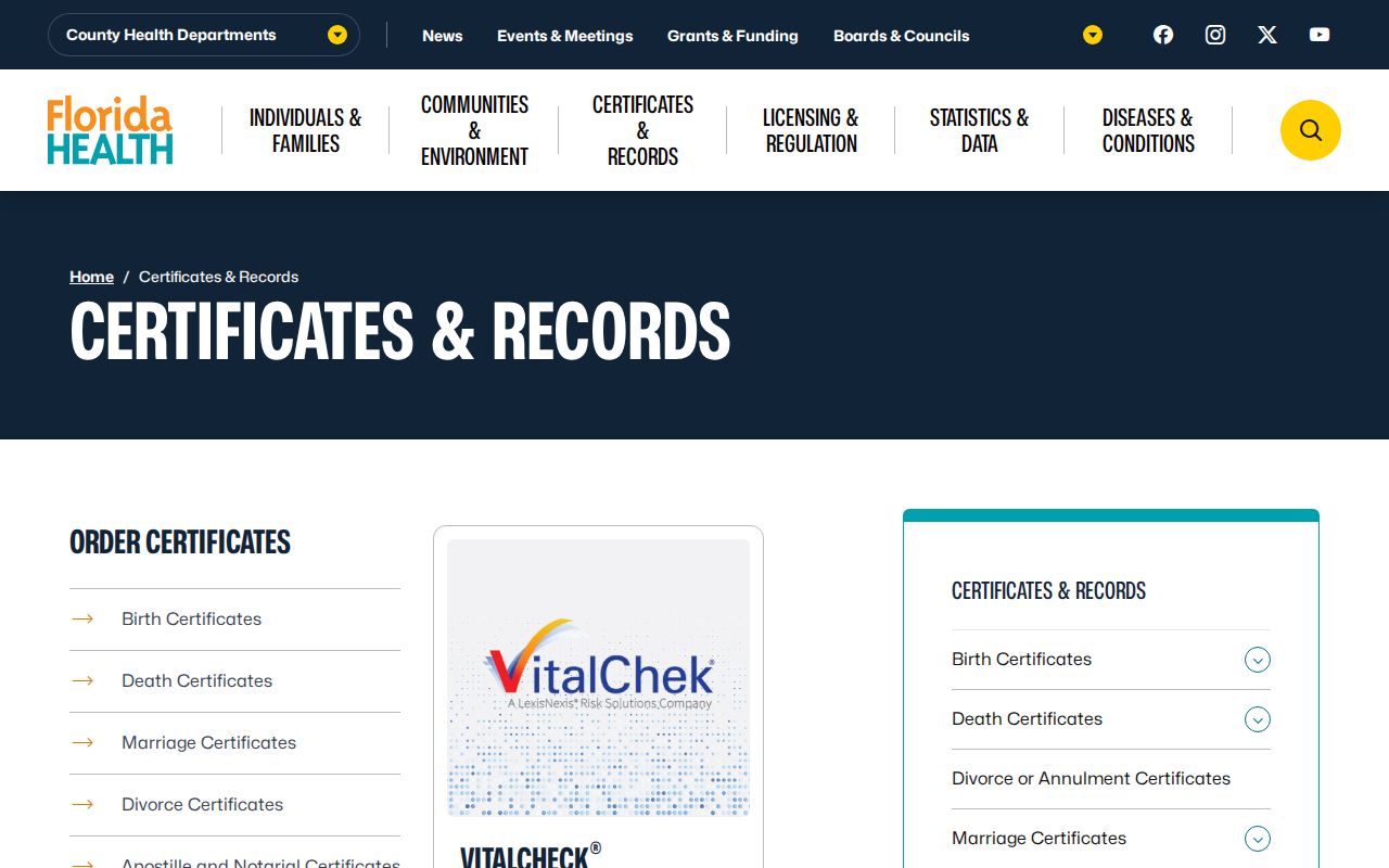 Florida Department of Health vital records gateway used in Cape Coral resident research