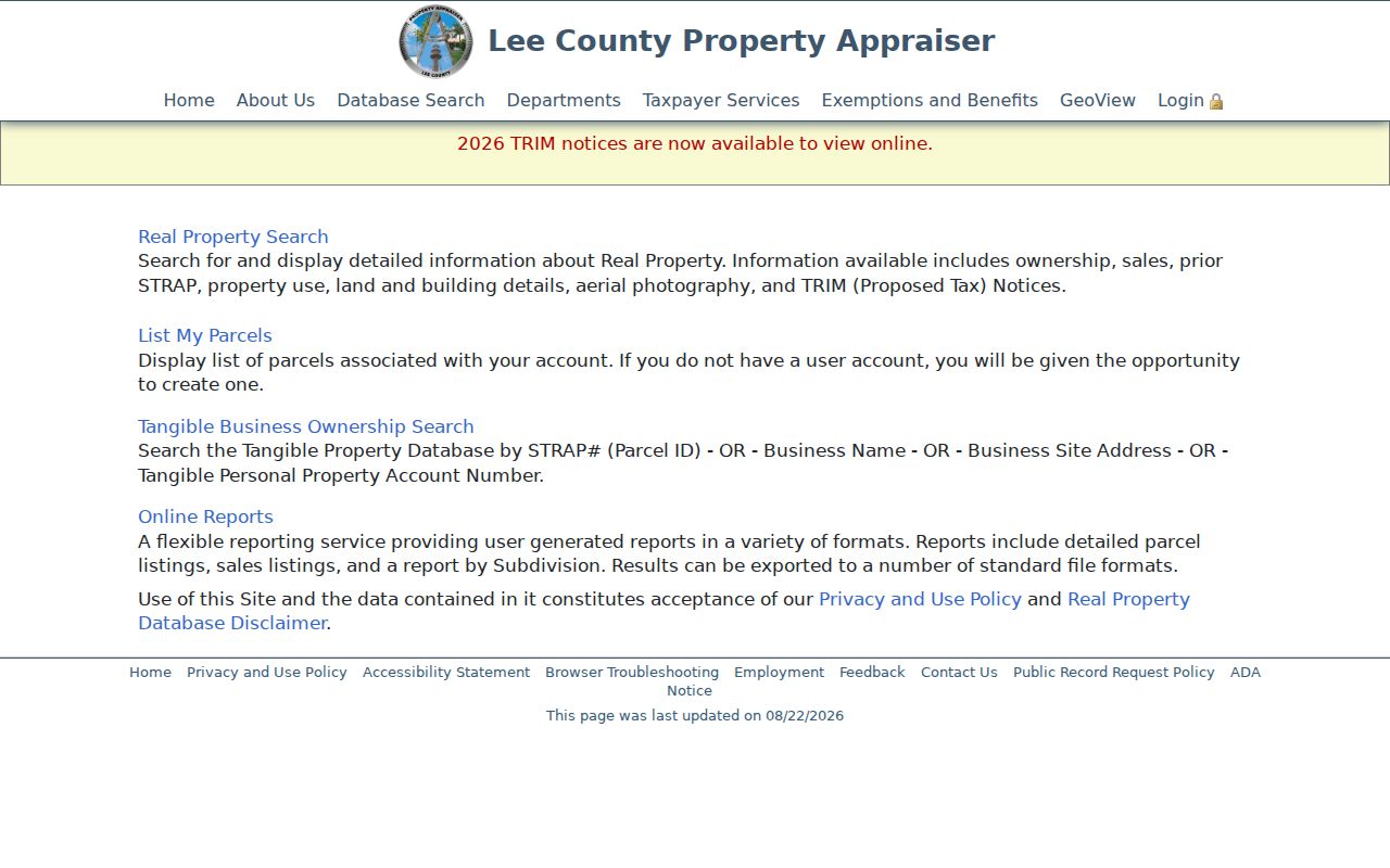 Lee County Property Appraiser property search choices used for Cape Coral resident research