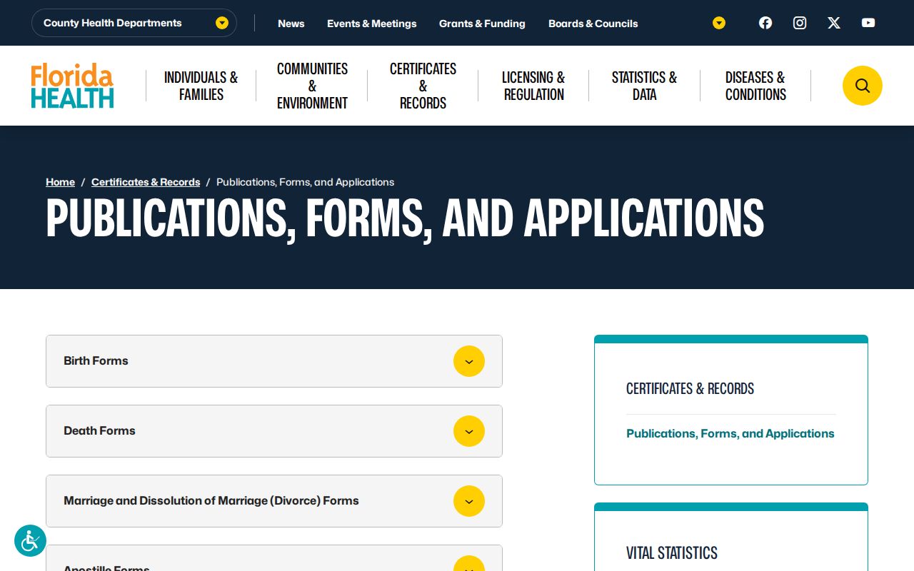 Florida vital records forms used in a Cape Coral resident lookup