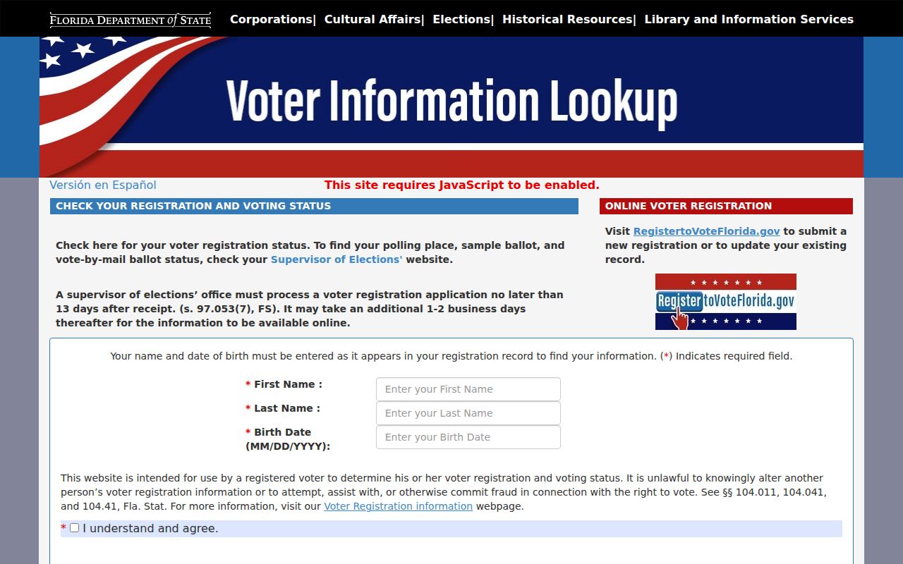 Florida voter status form for checking a Cape Coral registration